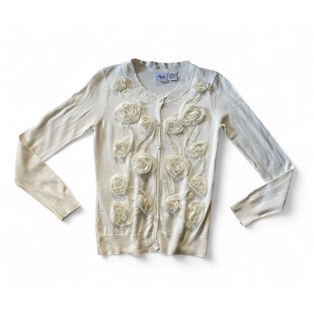 Studio V Women White Floral Rosette Cardigan XS 3D Applique Button Front Sweater